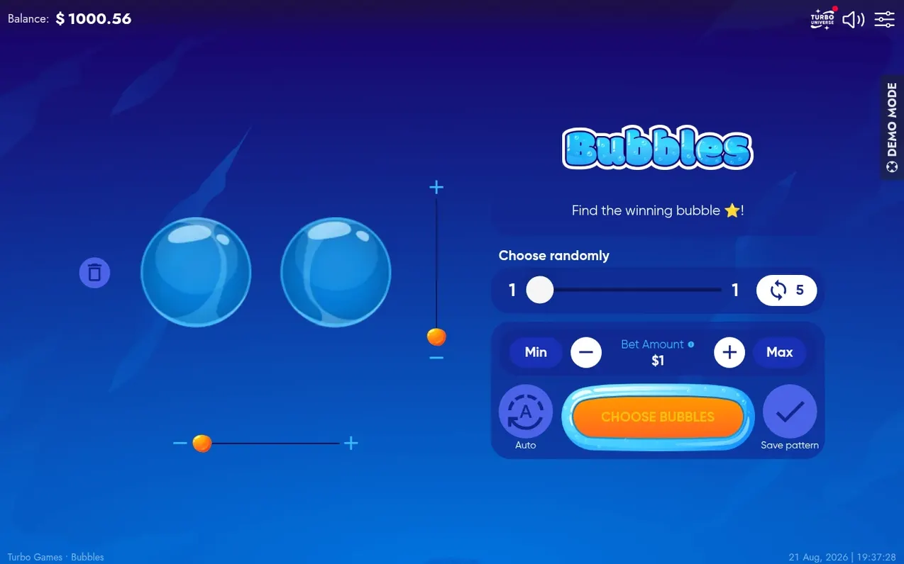 Zwei blaue Bubbles im Minimalraster, Bet Amount 1 Dollar, Button CHOOSE BUBBLES aktiv