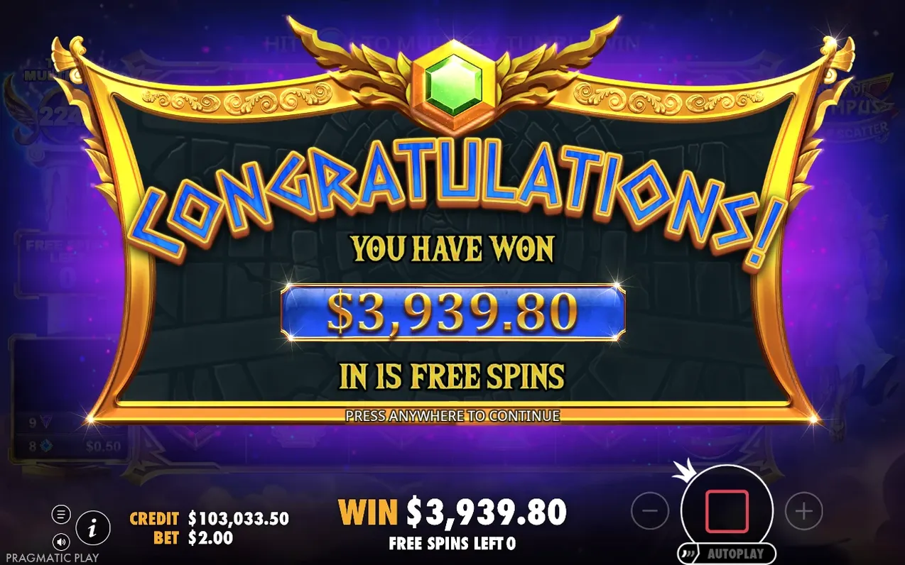 Congratulations-Banner: Gewinn $3.939,80 nach 15 Freispielen, Guthaben $103.033,50, keine Freispiele mehr übrig.