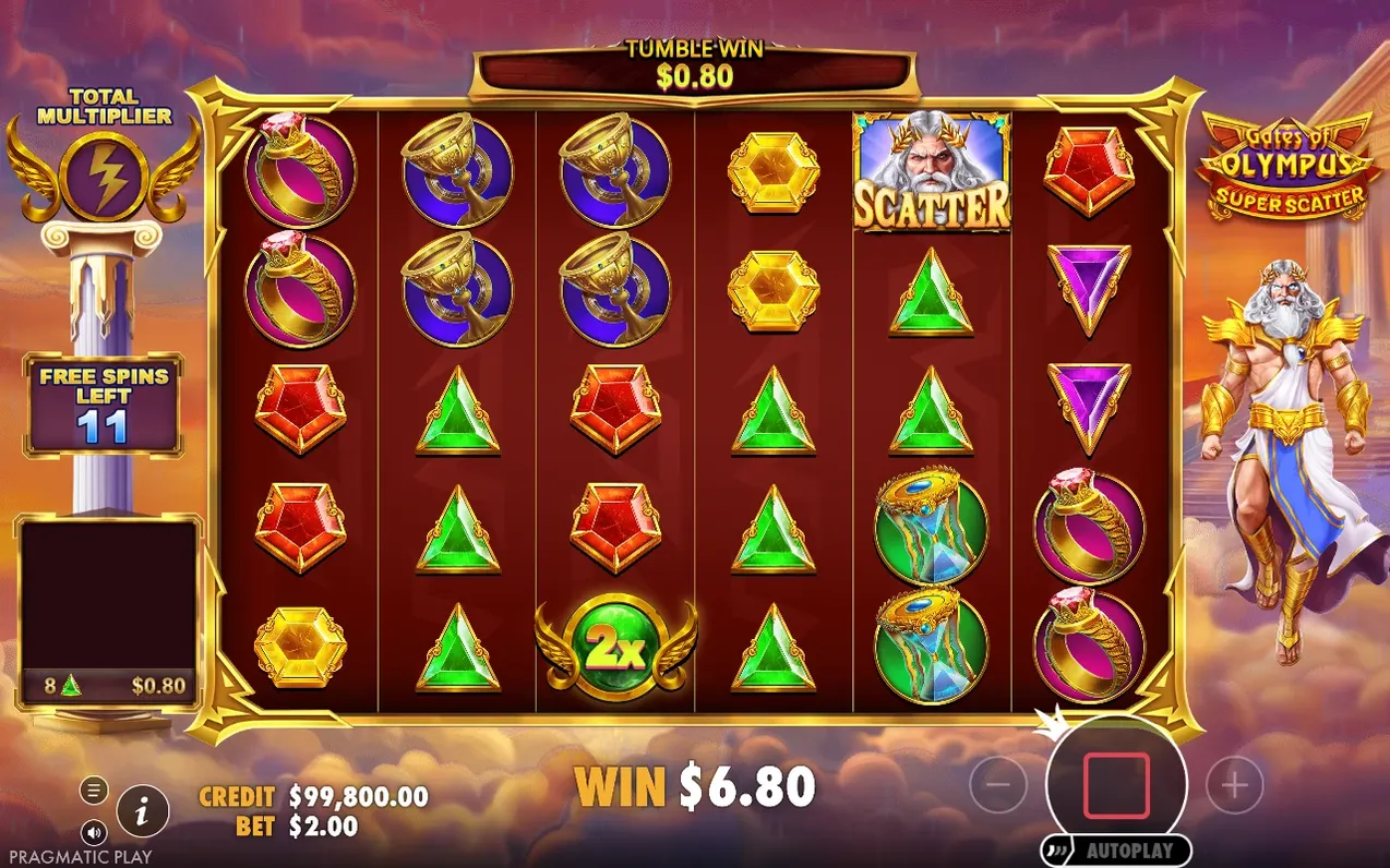 Freispielrunde zeigt Scatter- und 2x-Multiplikatorsymbol: Tumble-Gewinn $0,80, Gesamtgewinn $6,80, 11 Freispiele übrig.