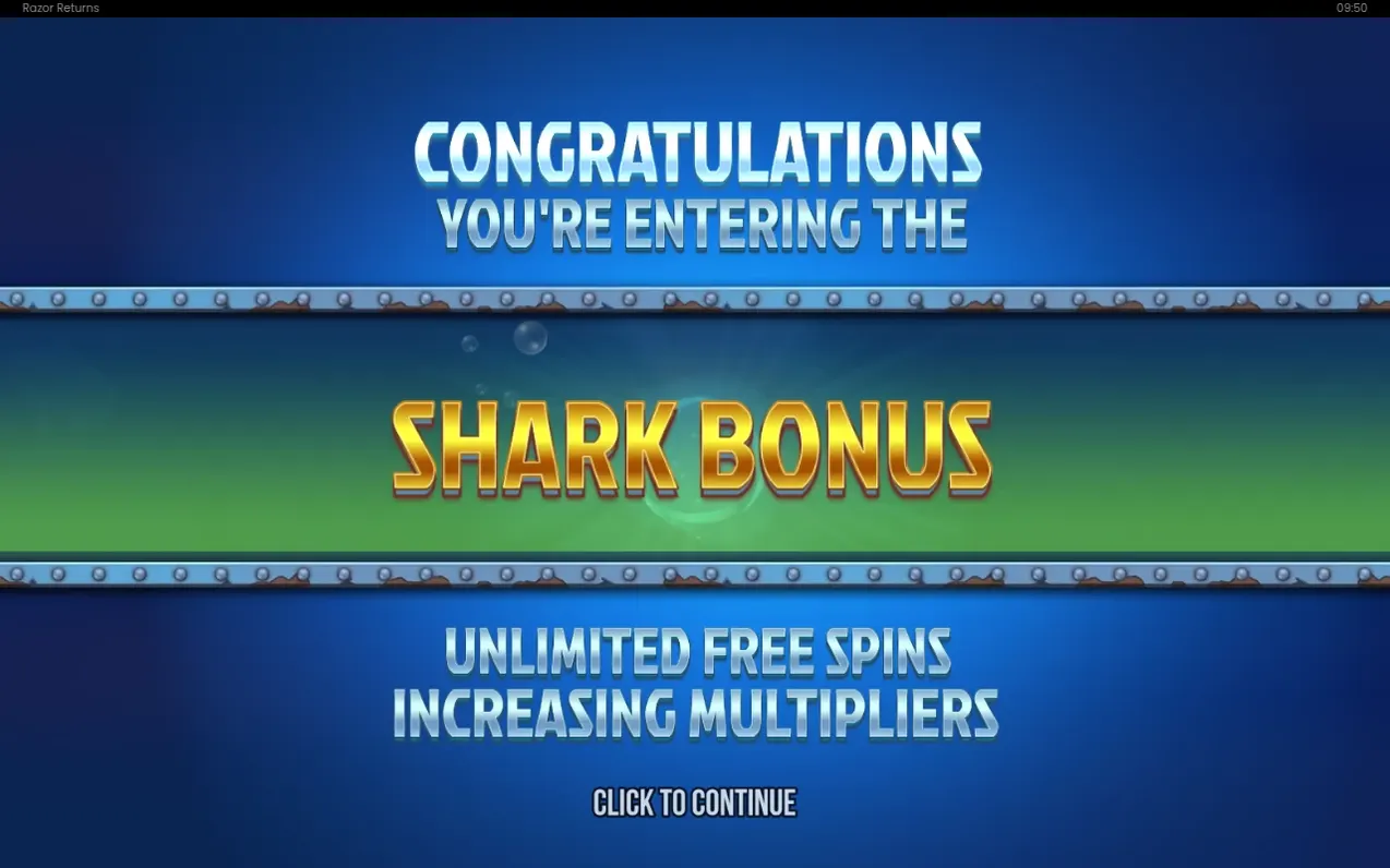 Shark Bonus wird angekündigt: Text verspricht unbegrenzte Freispiele mit wachsenden Multiplikatoren.