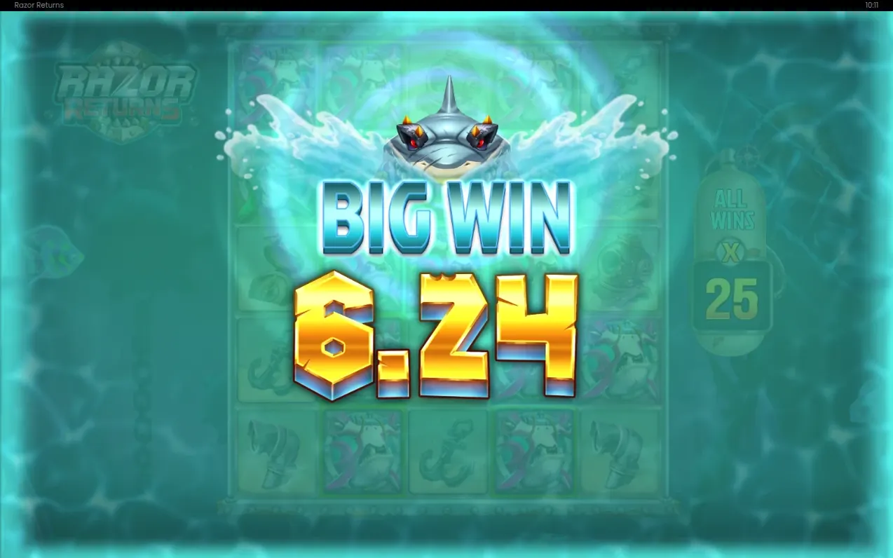 Big-Win-Banner mit 6,24 fun Gewinn, Hai-Kopf-Grafik und Multiplikator ALL WINS x25 auf türkisem Hintergrund.