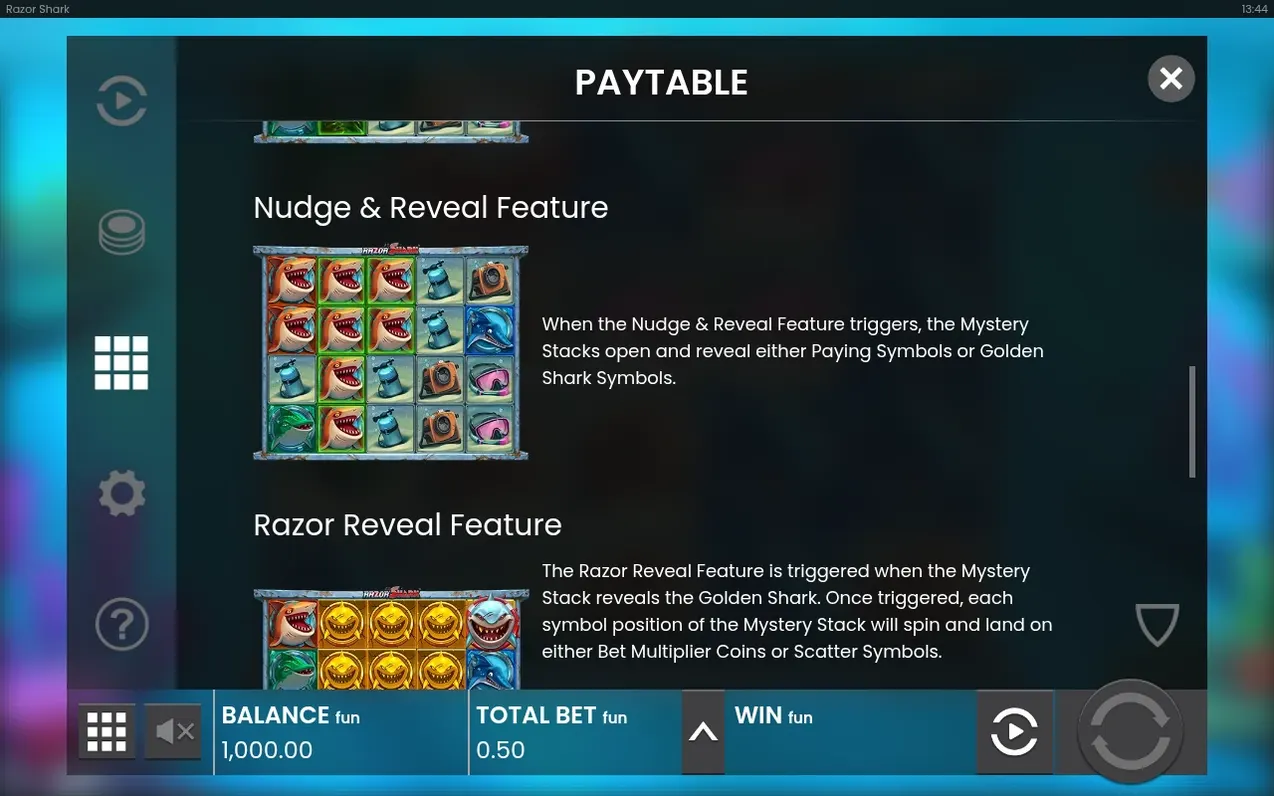 Paytable erklärt Nudge & Reveal und Razor Reveal Feature mit goldenen Hai-Symbolgittern.