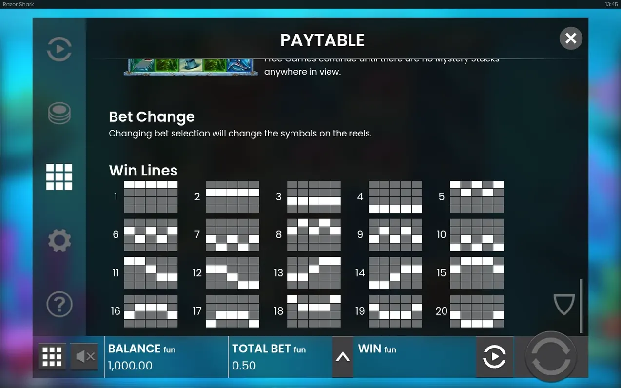 Paytable mit Bet-Change-Hinweis und allen 20 nummerierten Gewinnlinien-Diagrammen im Raster.