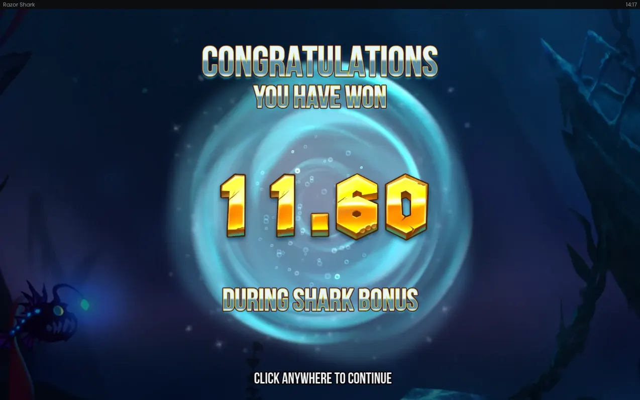 Gewinnbildschirm: Congratulations, 11.60 gewonnen während des Shark Bonus, blauer Strudelhintergrund.