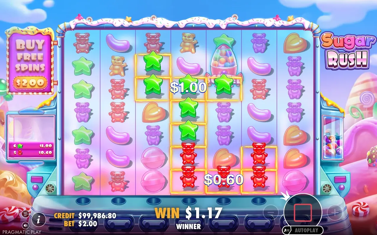 Basisspiel: Gewinnblöcke aus grünen Sternen ($1.00) und roten Bären ($0.60), WIN $1.17 angezeigt.